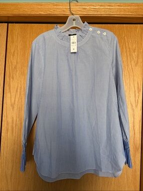 Ann Taylor Medium Blue and White Striped Ruffled Neck Blouse